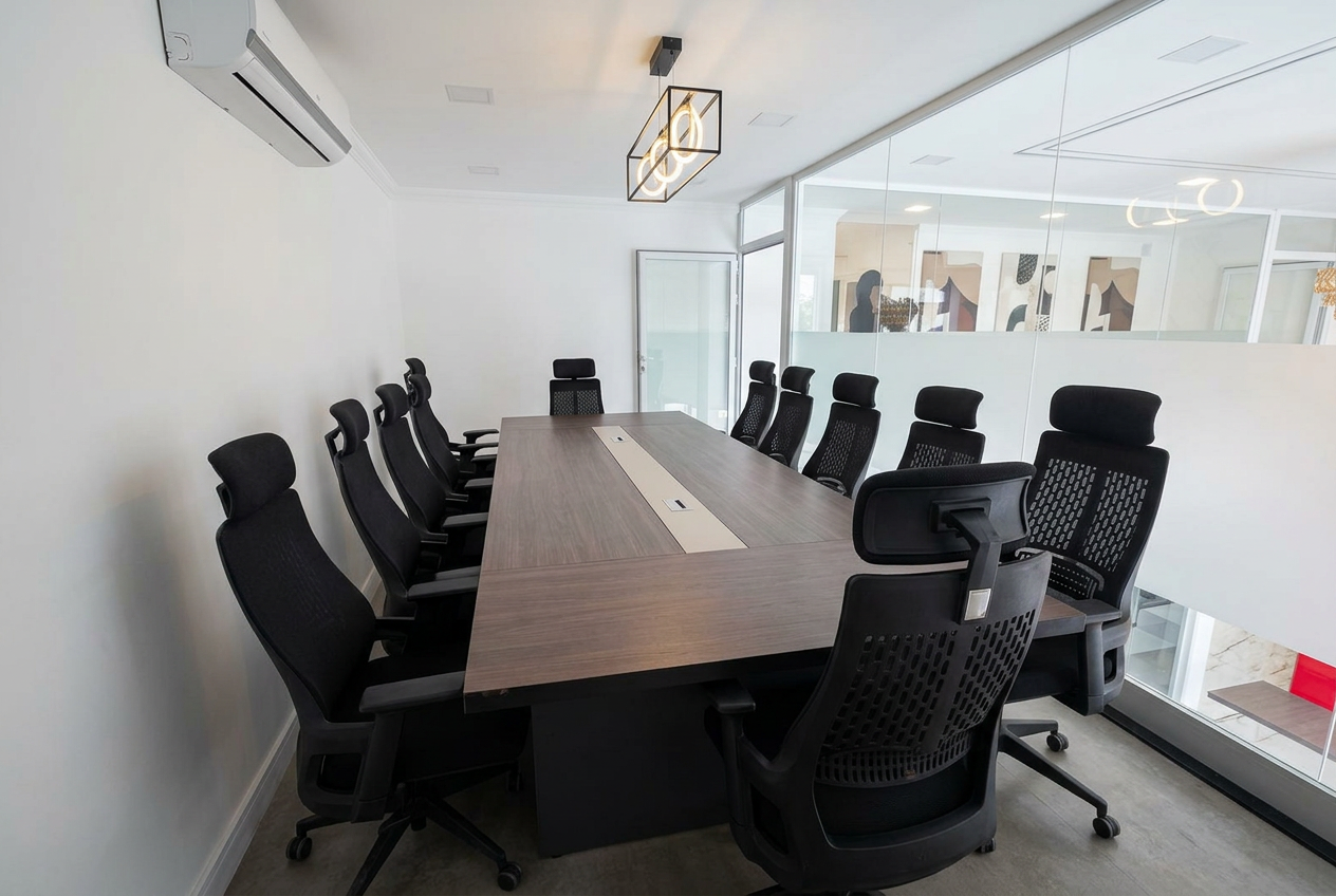 Sala de reuniões do Grupo Nexus, com mesa central e cadeiras executivas